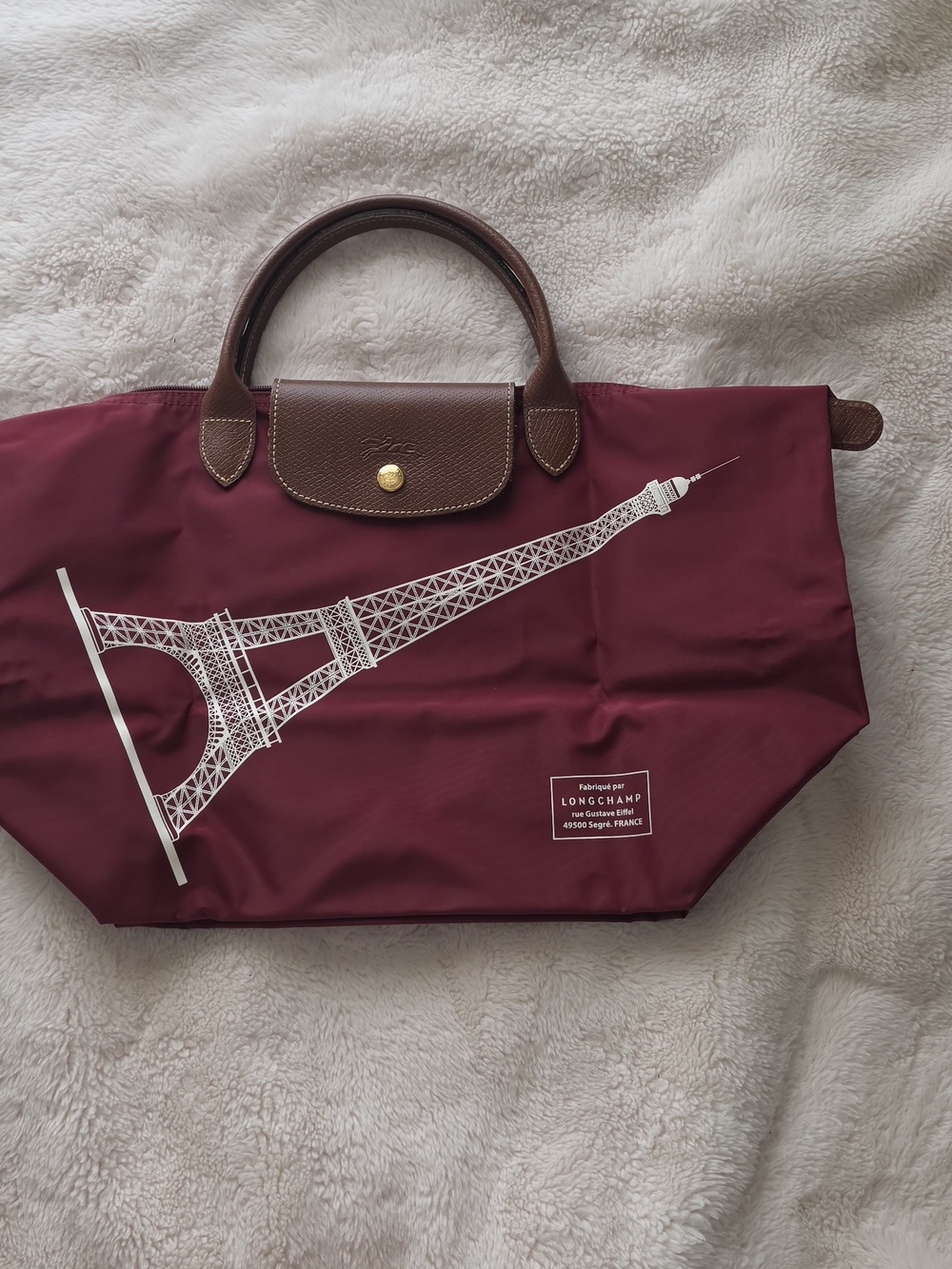 Longchamp Le Pliage Burgundy Tote Bag with Brown Leather Trim Limited Edition